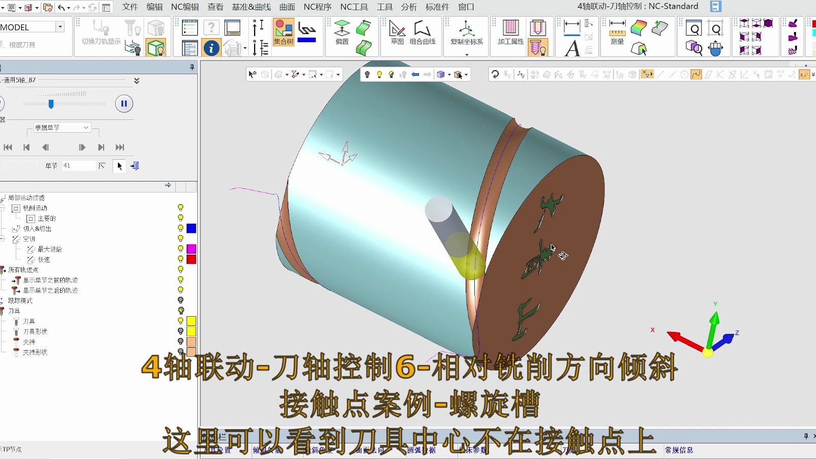     4轴联动加工技巧：刀轴控制与相对铣削方向倾斜的接触点应用实例-螺旋槽加工

